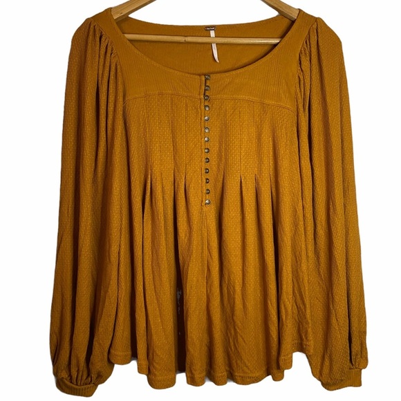 Free People Devin Knit Bishop Sleeve Yellow Scoop Neck Top XS Extra Small - Picture 2 of 13